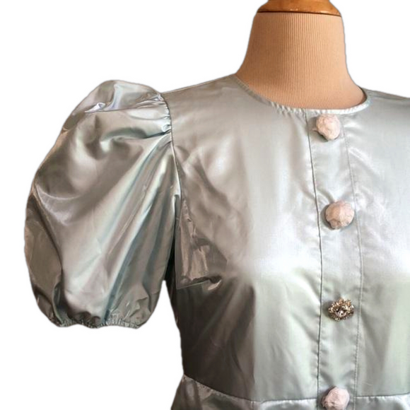 DANIELLE BERNSTEIN Size 6 Delicate Blue Rhinestone Puff Sleeve Satin Mini Dress - Picture 5 of 16